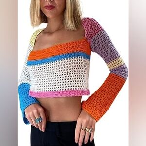 Colorful Crochet Knit Cropped Sweater